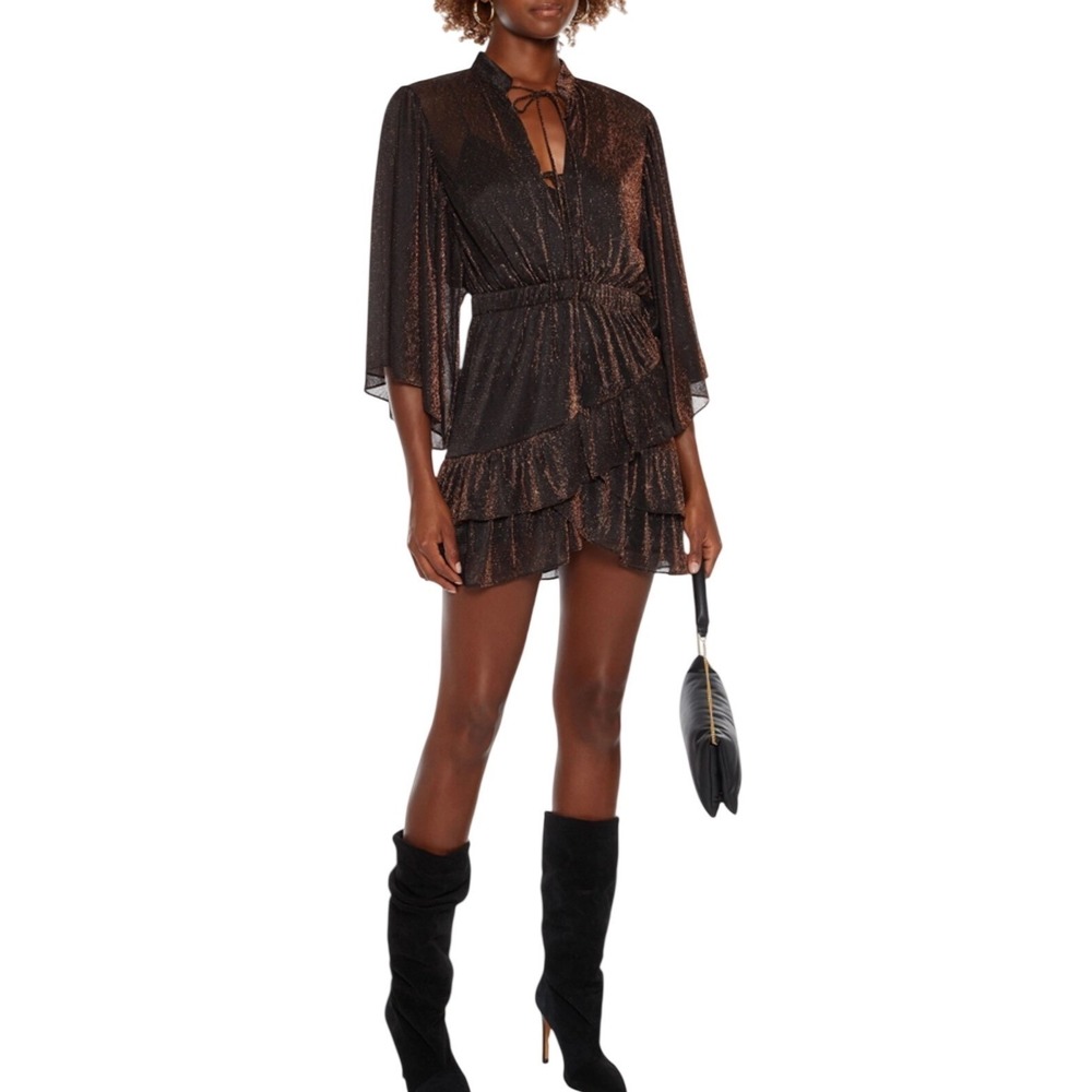 IRO Paris Reblea Tiered Lurex Copper Mini Dress Size 38 Medium $400 Luxury